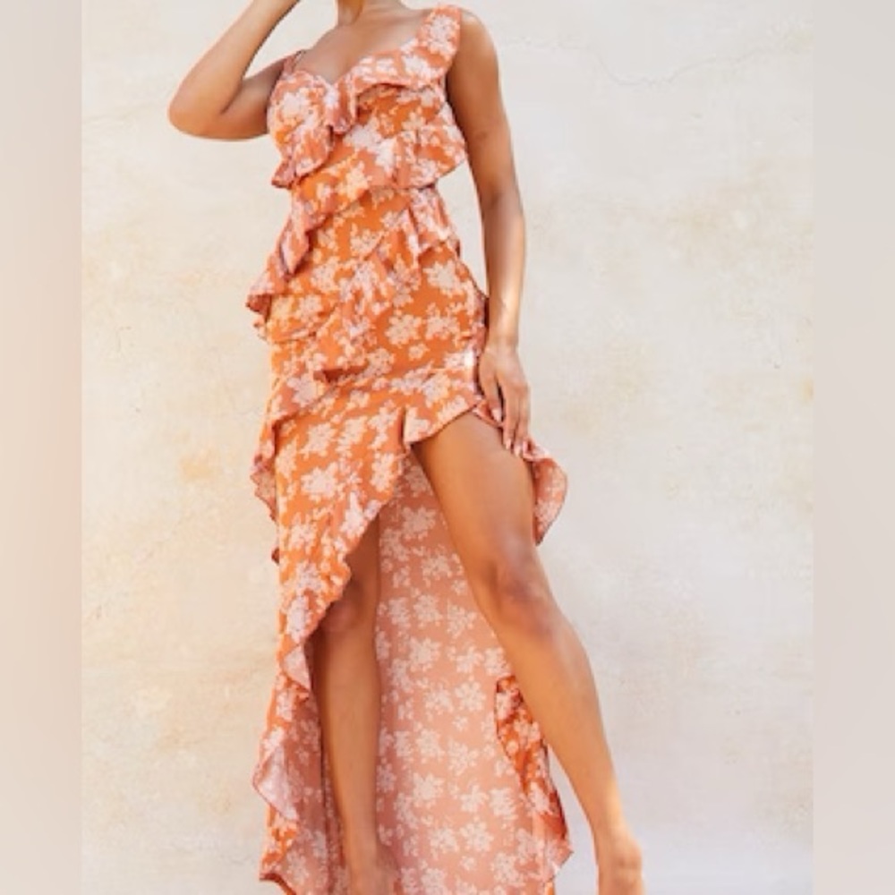 *NWT* Rust Floral Print Diagonal Frill Maxi Dress